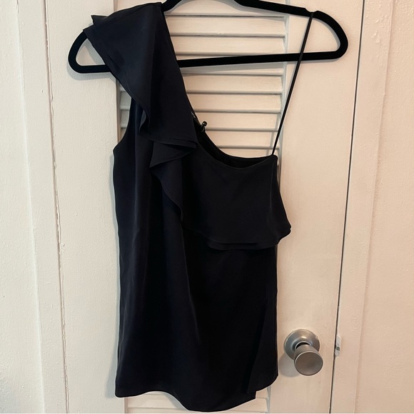 Theory Asymmetrical, One-shoulder Silk Blouse with Ruffle - Picture 2 of 12